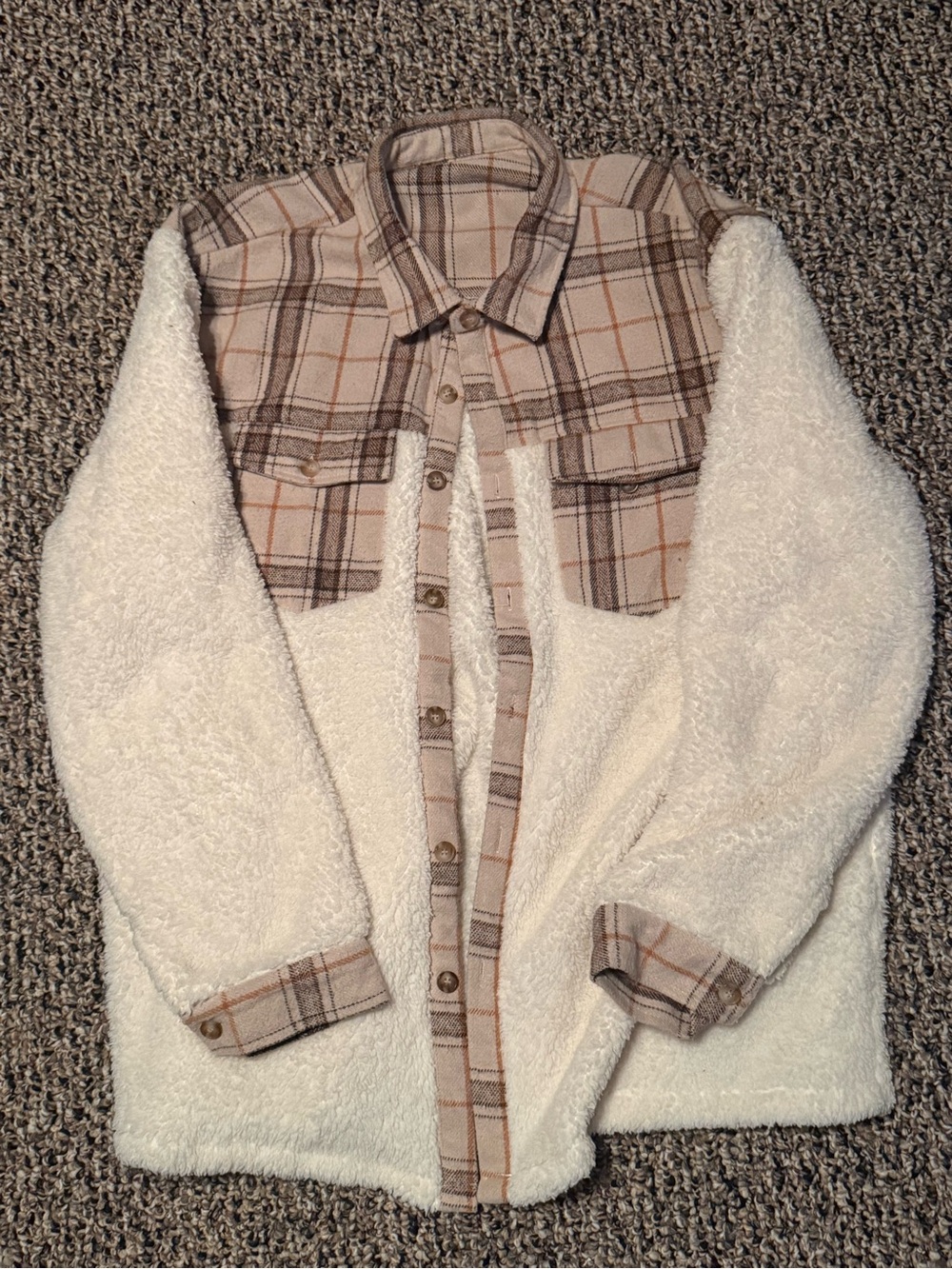 Cozy Cream Sherpa Shacket with Plaid Accents